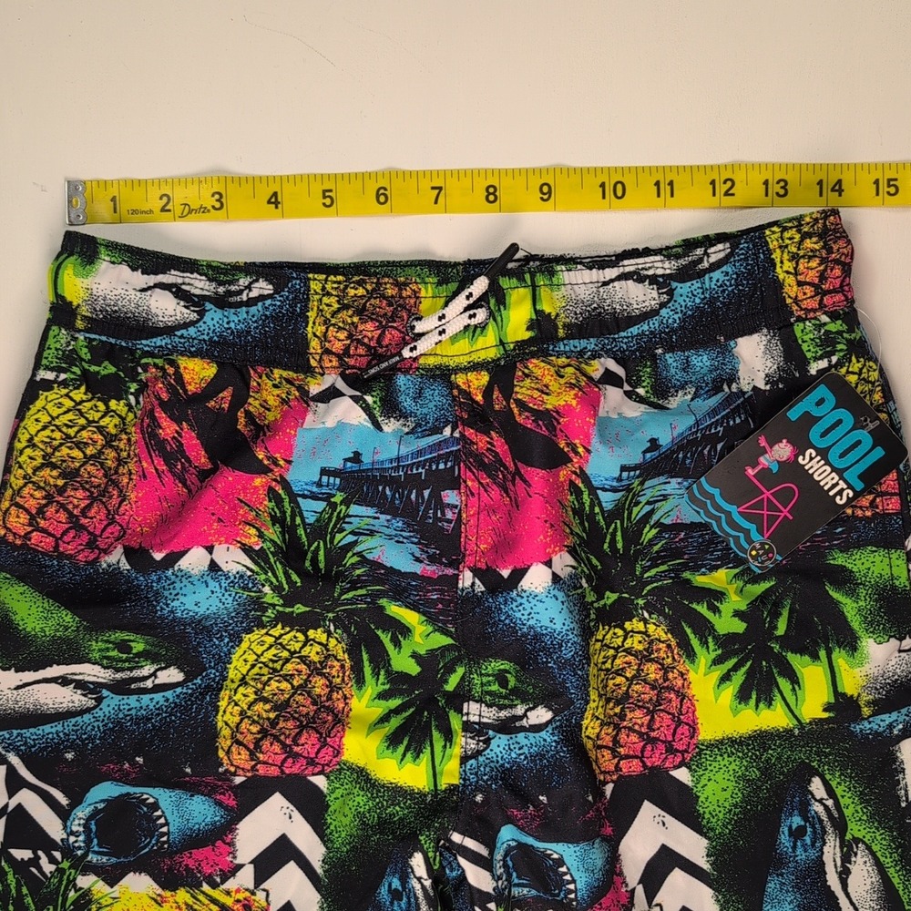 NEW Maui and Sons Boys XL 18 Pool Shorts Swim Trunks Neon Shark Pineapple Print - Picture 4 of 12